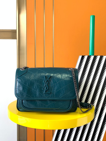 YSL NIKI BABY IN VINTAGE LEATHER BLUE 8.2 X 6 X 2.9 INCHES