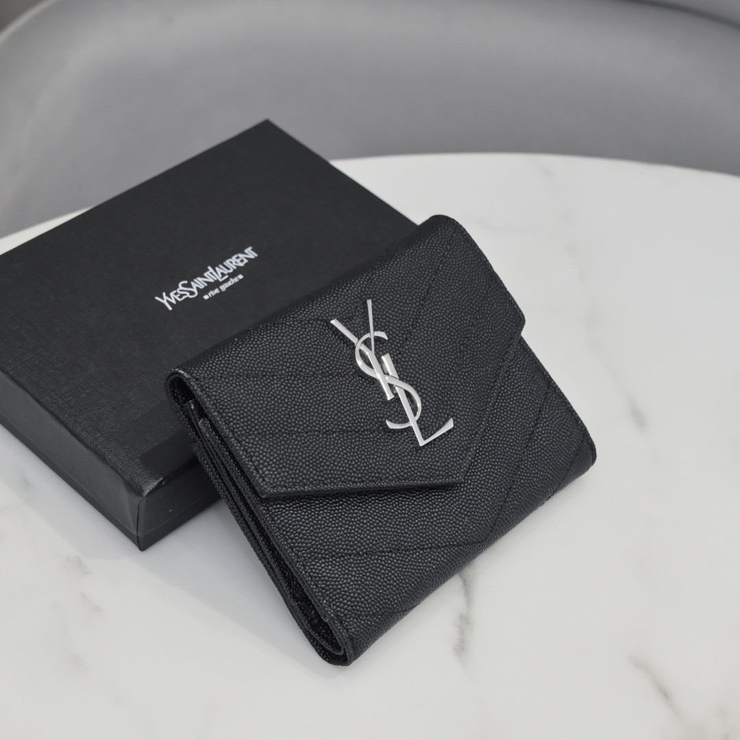 YSL cassandre matelassé compact tri fold wallet in grain de poudre leather 12.5 x 10 x 2.5 cm