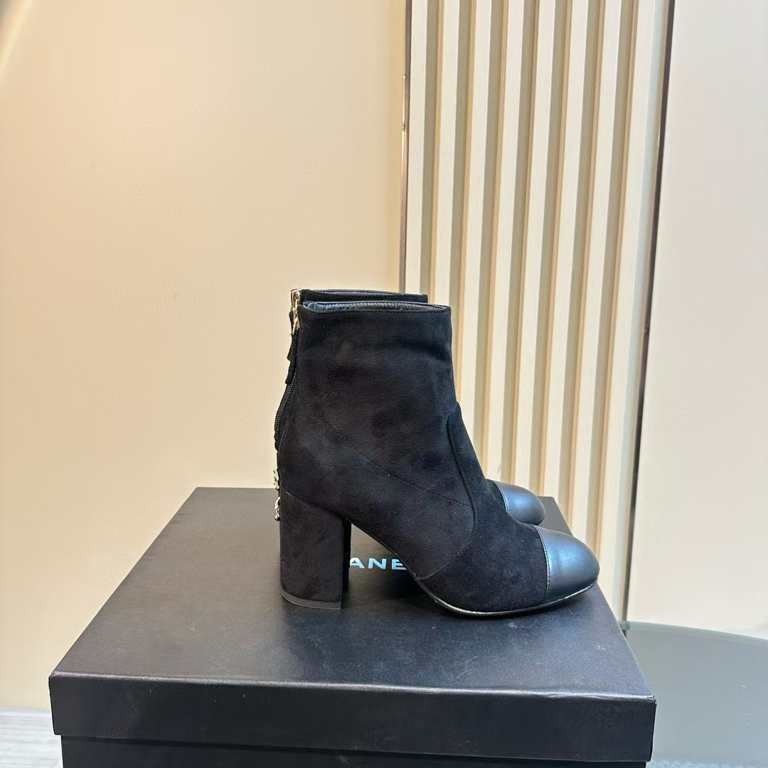 Chanel Short Boots Suede Calfskin & Lambskin Black