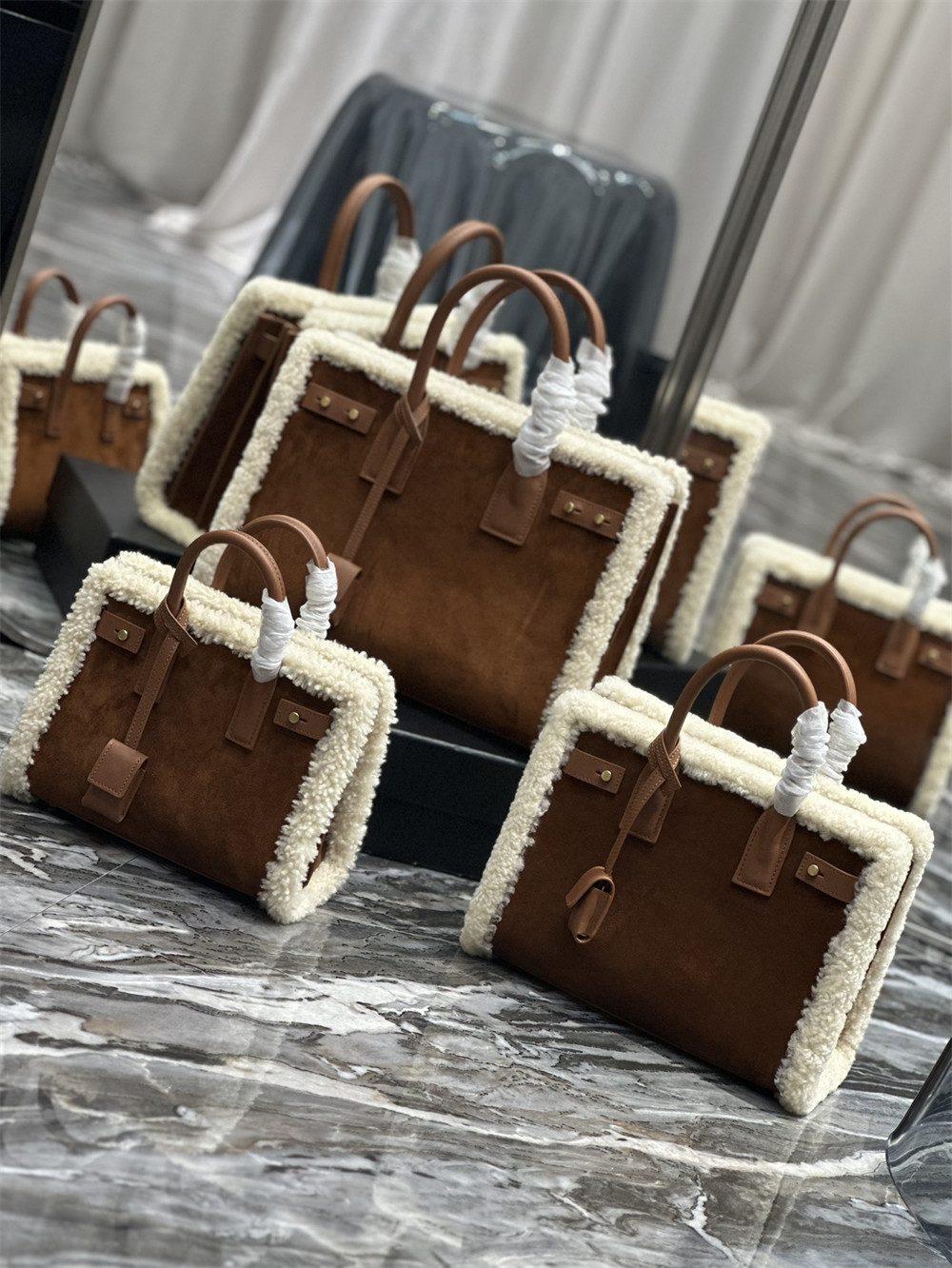 YSL SAC DE JOUR SUPPLE SAMLL IN SUEDE AND SHEARLING DARK CIGAR AND NATURAL BEIGE