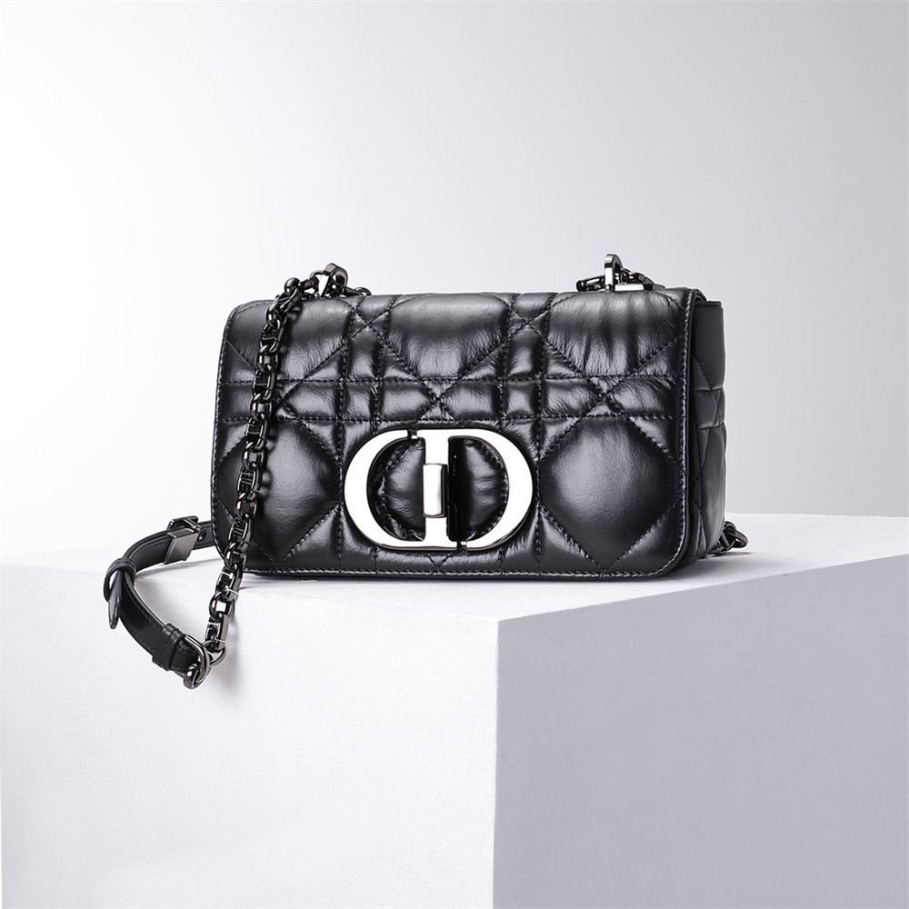 SMALL DIOR CARO BAG BLACK Supple Cannage Calfskin With Silver Hardware 20 x 12 x 7 cm
