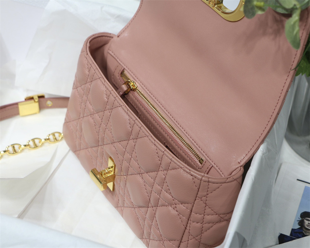 SMALL DIOR CARO BAG PINK Supple Cannage Calfskin With Silver Hardware 20 x 12 x 7 cm