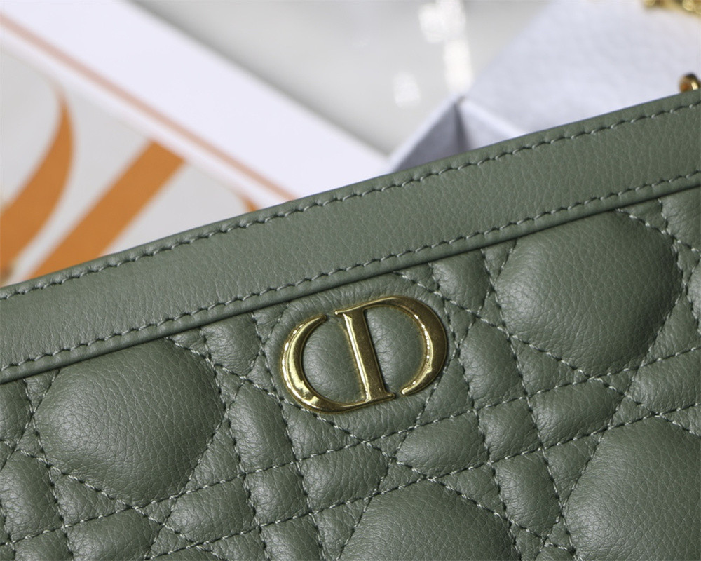 DIOR CARO ZIPPED POUCH WITH CHAIN Green Supple Cannage Calfskin 19 x 14 x 4.5 cm