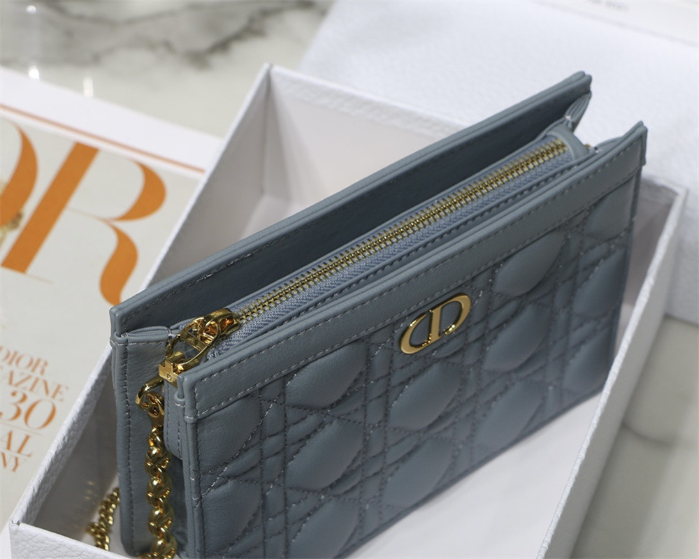 DIOR CARO ZIPPED POUCH WITH CHAIN Blue Supple Cannage Calfskin 19 x 14 x 4.5 cm