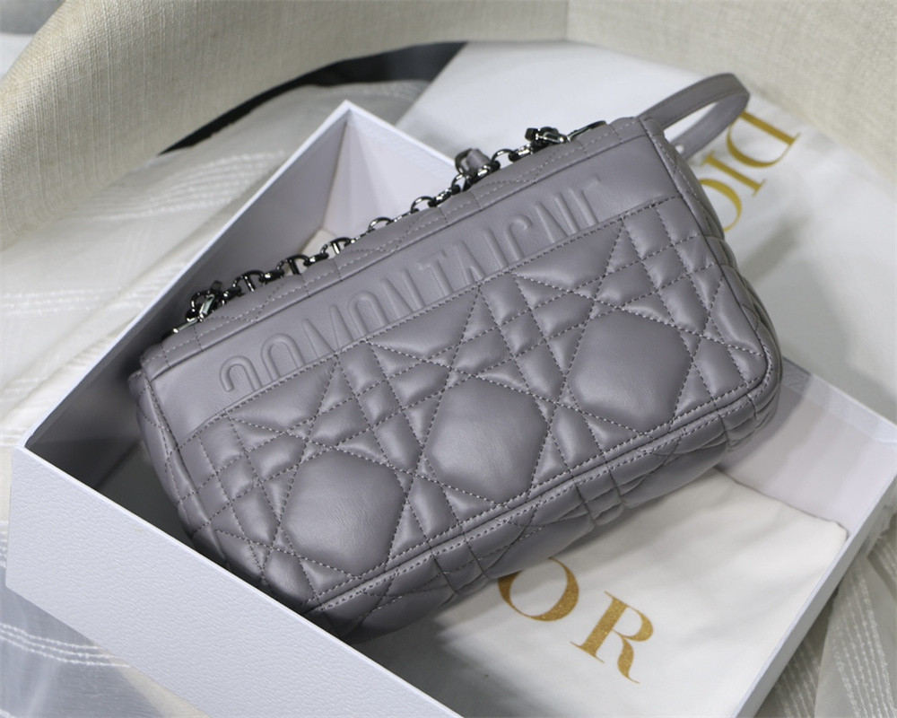 MEDIUM DIOR CARO BAG Grey Supple Cannage Calfskin With Silver Hardware 25.5 x 15.5 x 8 cm