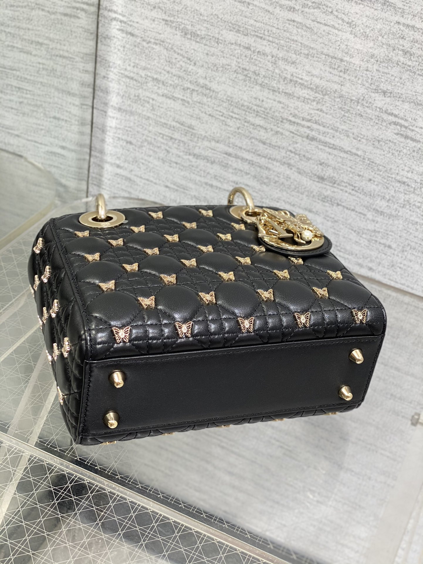 SMALL LADY DIOR Black with Butterfly Studs