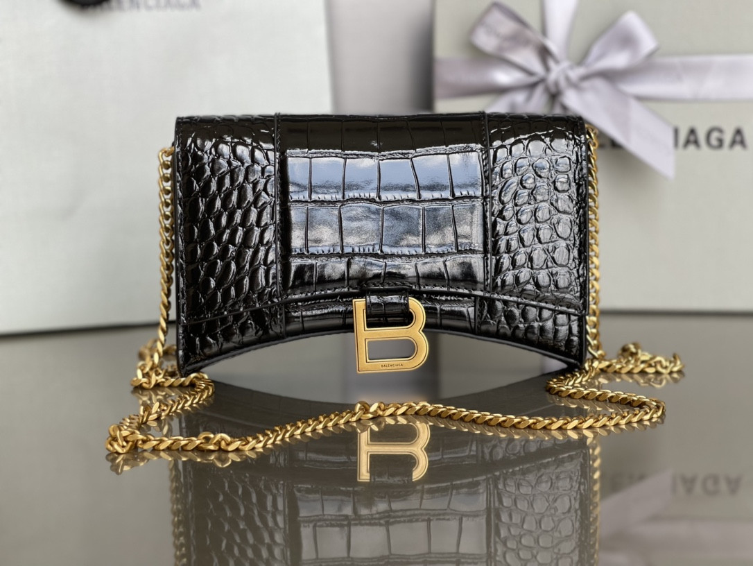 Balenciaga WOMEN'S HOURGLASS WALLET ON CHAIN CROCODILE EMBOSSED IN BLACK  L7.6 x H4.7 x W1.9 inch