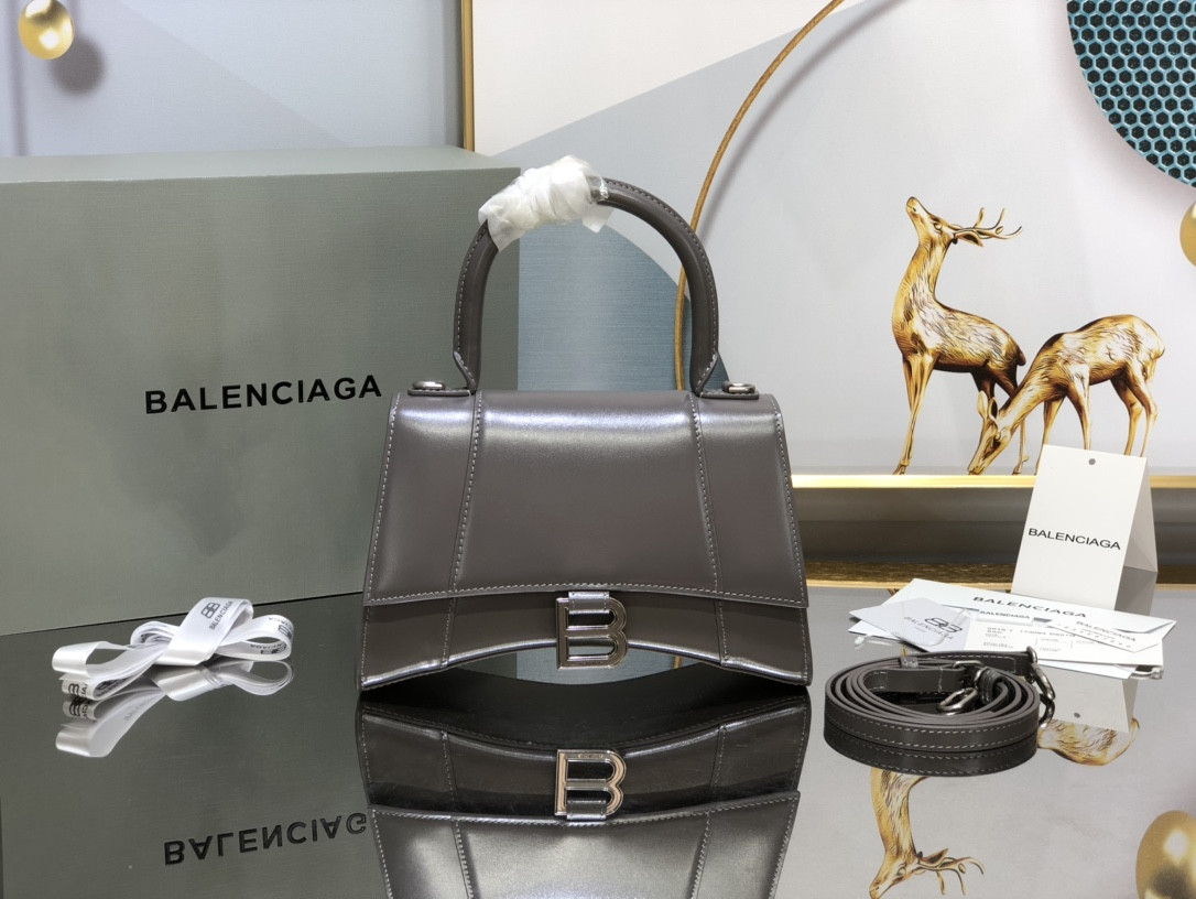 Balenciaga WOMEN'S HOURGLASS SMALL HANDBAG IN SHINY GREY BROWN BOX L9 x H5,5 x W3,9 inch