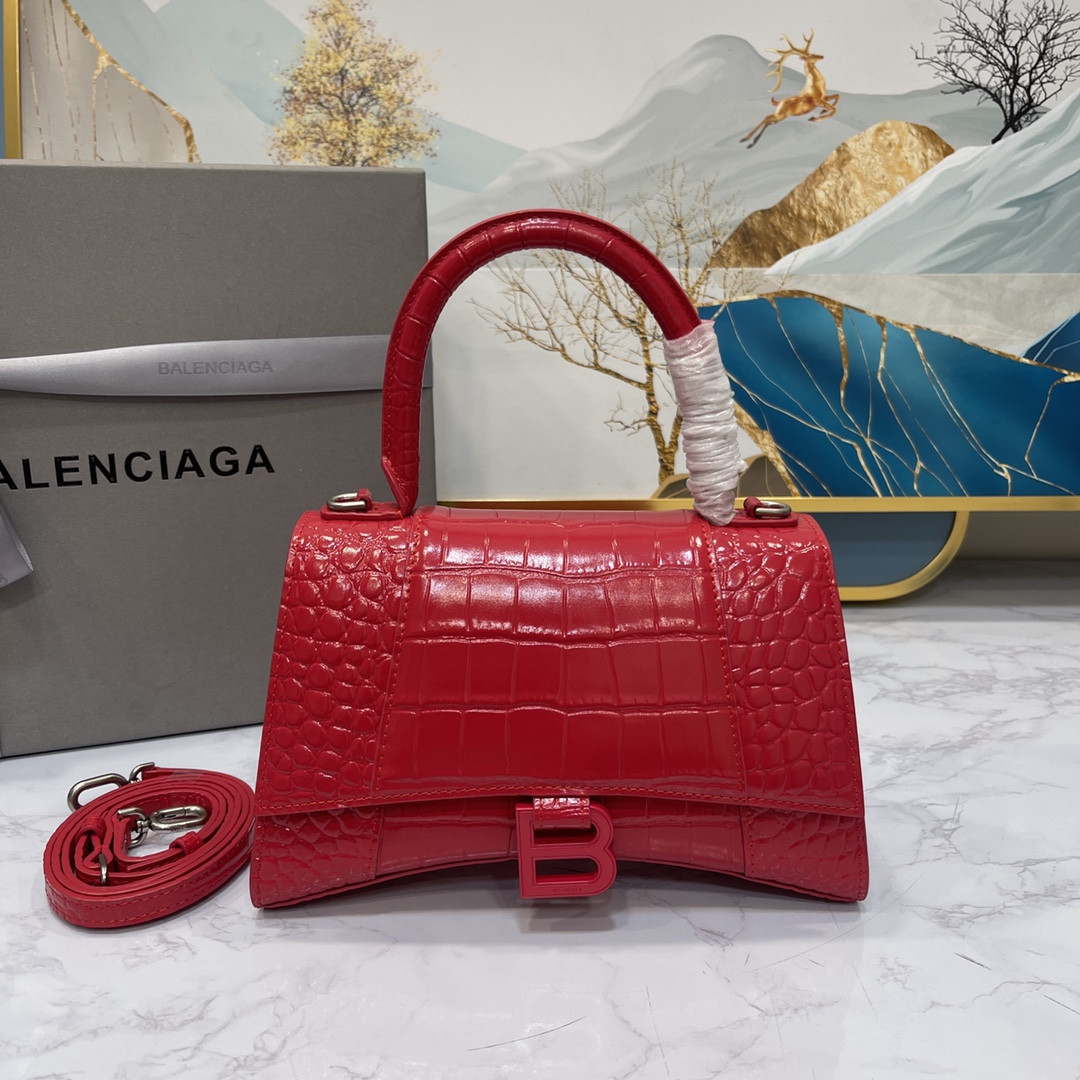 BALENCIAGA WOMEN'S HOURGLASS SMALL HANDBAG CROCODILE EMBOSSED IN RED L9 x H5.5 x W3.9 inch