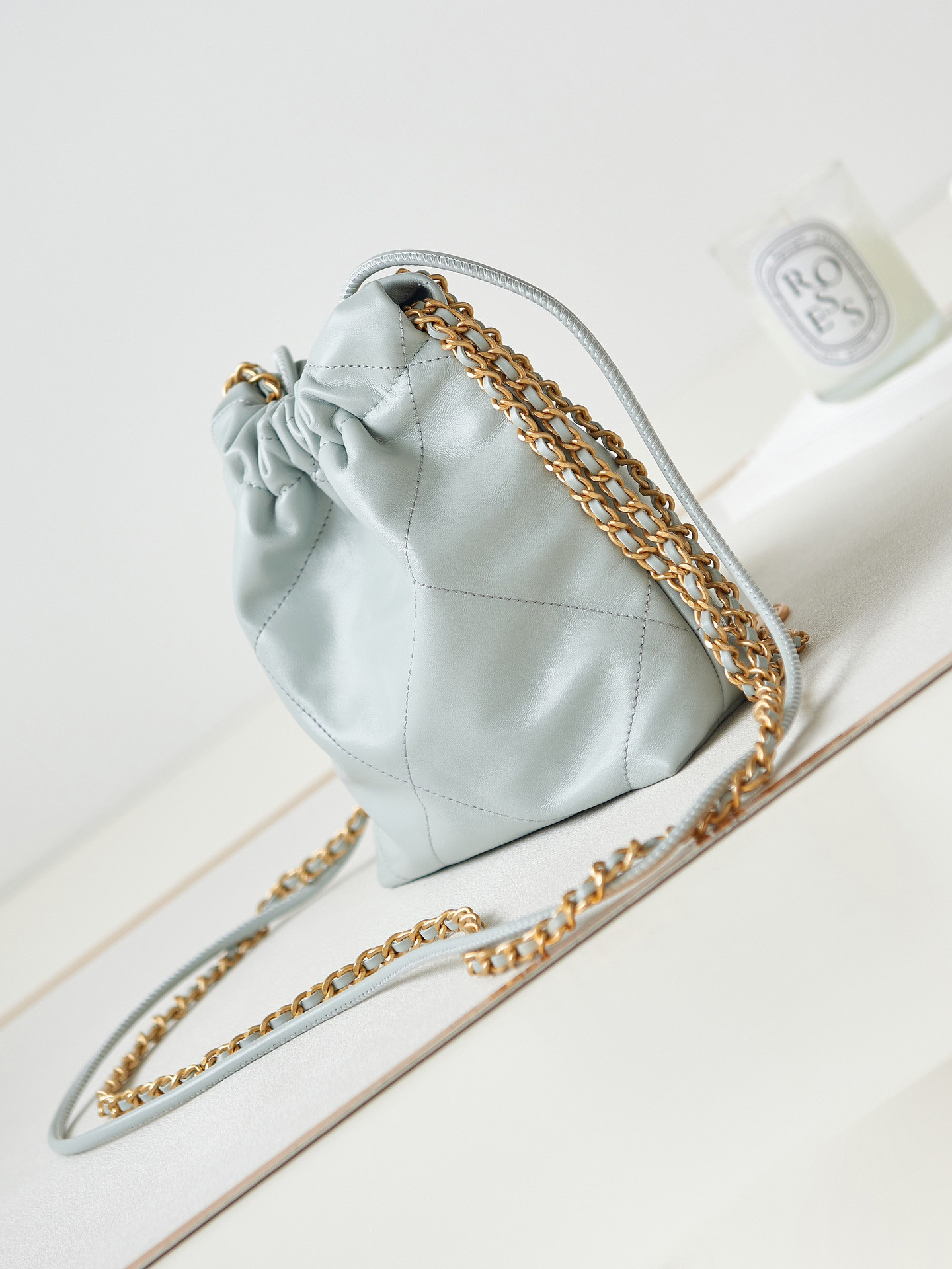 CHANEL 22 MINI HANDBAG Shiny Calfskin Light Blue 7.8 × 7.4 × 2.3 in