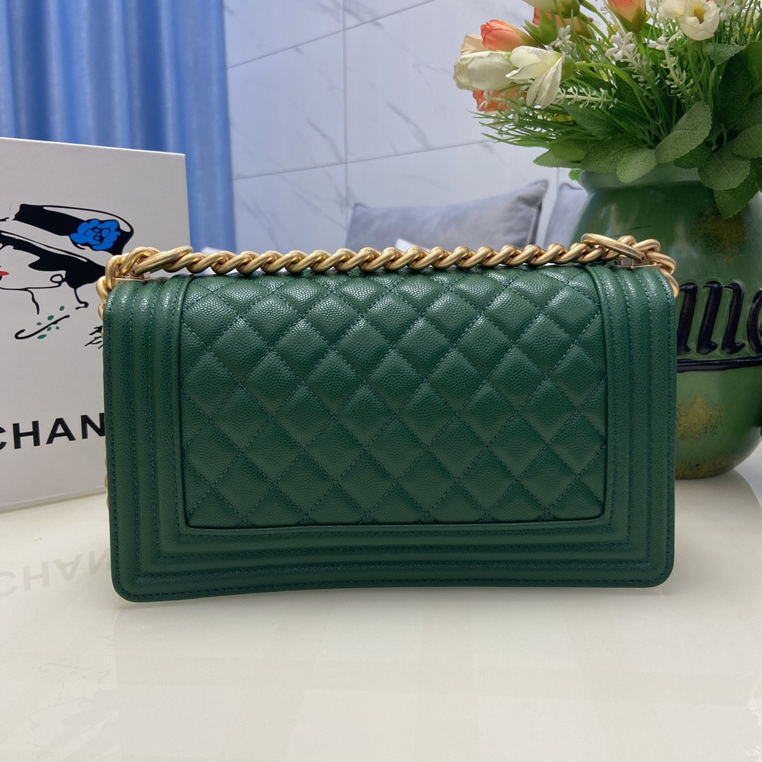 BOY CHANEL HANDBAG Shiny Grained Calfskin & Gold-Tone Metal Green 5.9 × 9.8 × 3.5 in