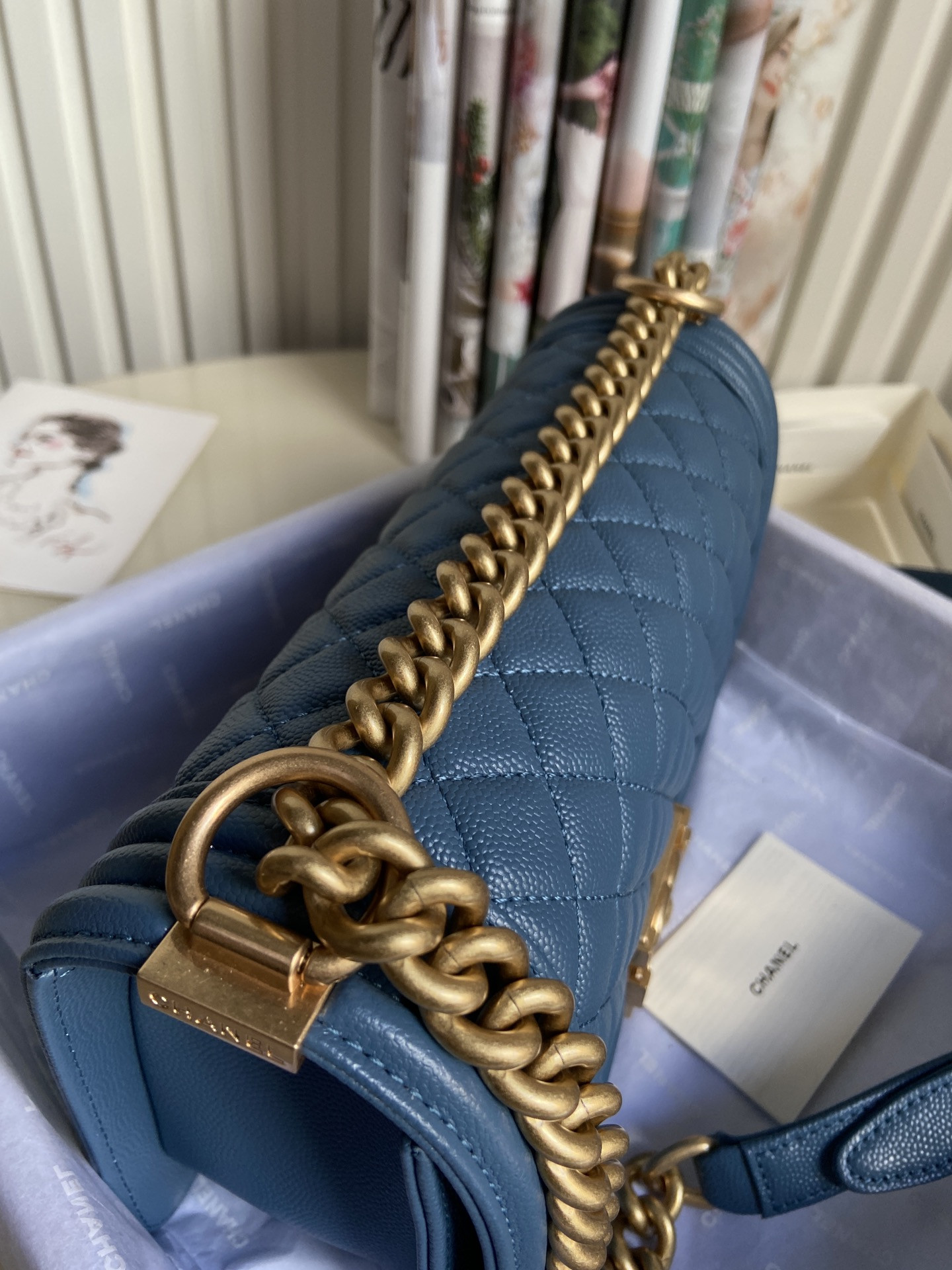 BOY CHANEL HANDBAG Shiny Grained Calfskin & Gold-Tone Metal Blue 5.9 × 9.8 × 3.5 in