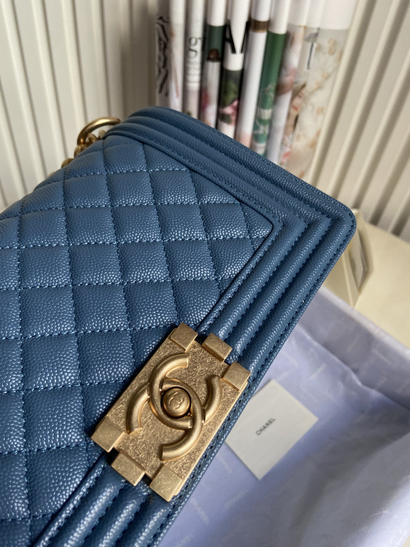 BOY CHANEL HANDBAG Shiny Grained Calfskin & Gold-Tone Metal Blue 5.9 × 9.8 × 3.5 in