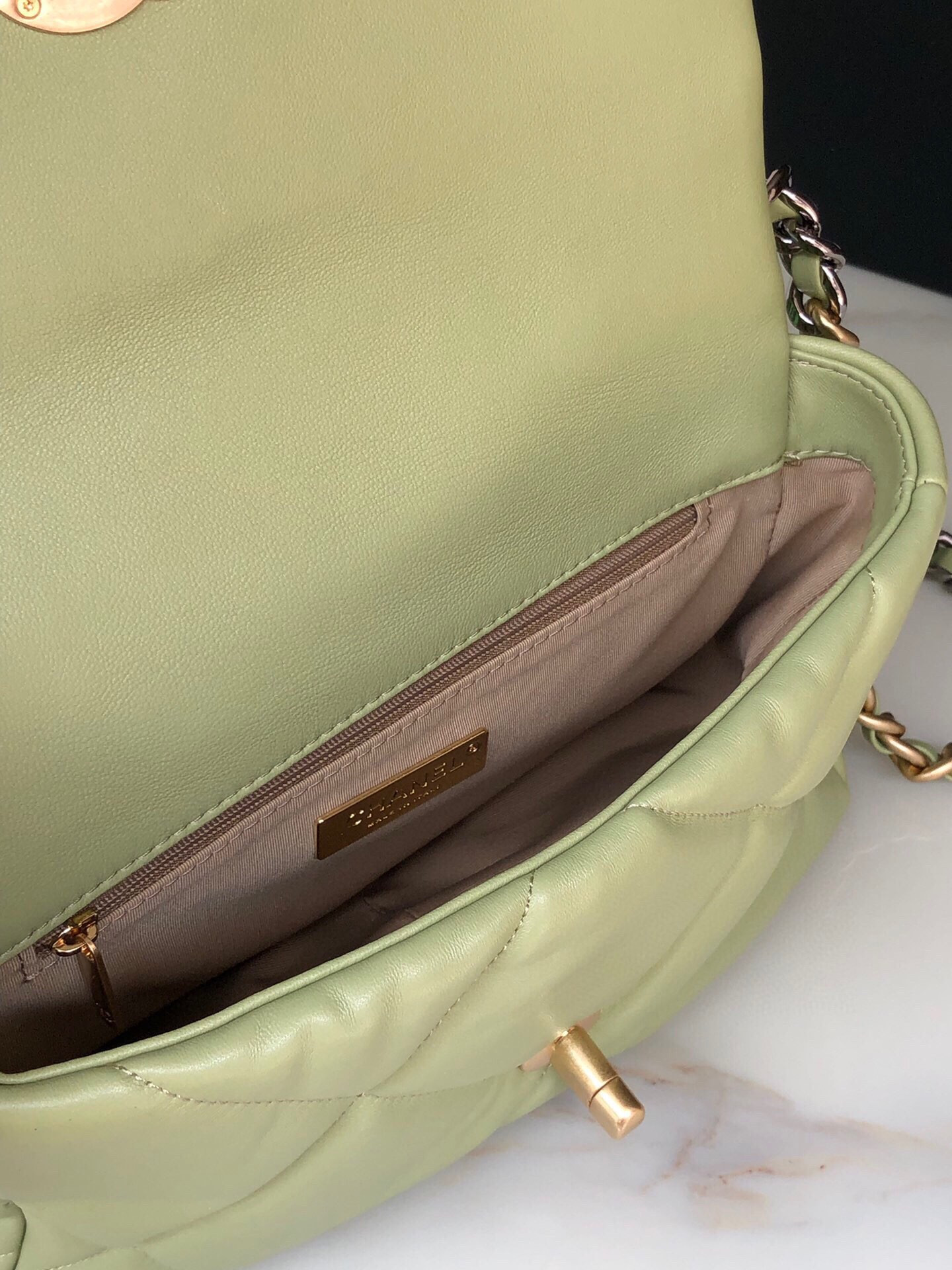 CHANEL 19 HANDBAG Shiny Leather, Gold-Tone, Silver-Tone & Ruthenium-Finish Metal Light Green 6.2 × 10.1 × 3.5 in