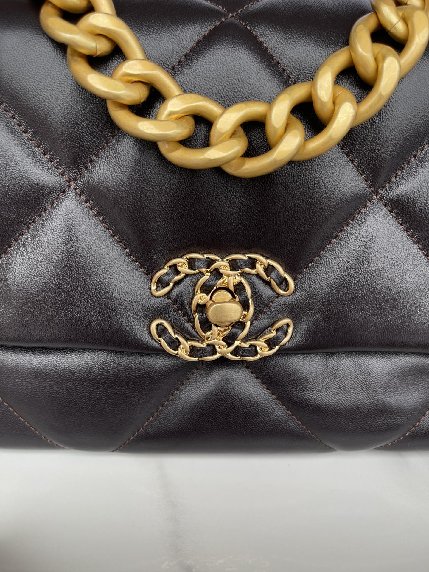 CHANEL 19 LARGE HANDBAG Shiny Leather, Gold-Tone, Silver-Tone & Ruthenium-Finish Metal Black 7.8 × 11.7 × 3.9 in