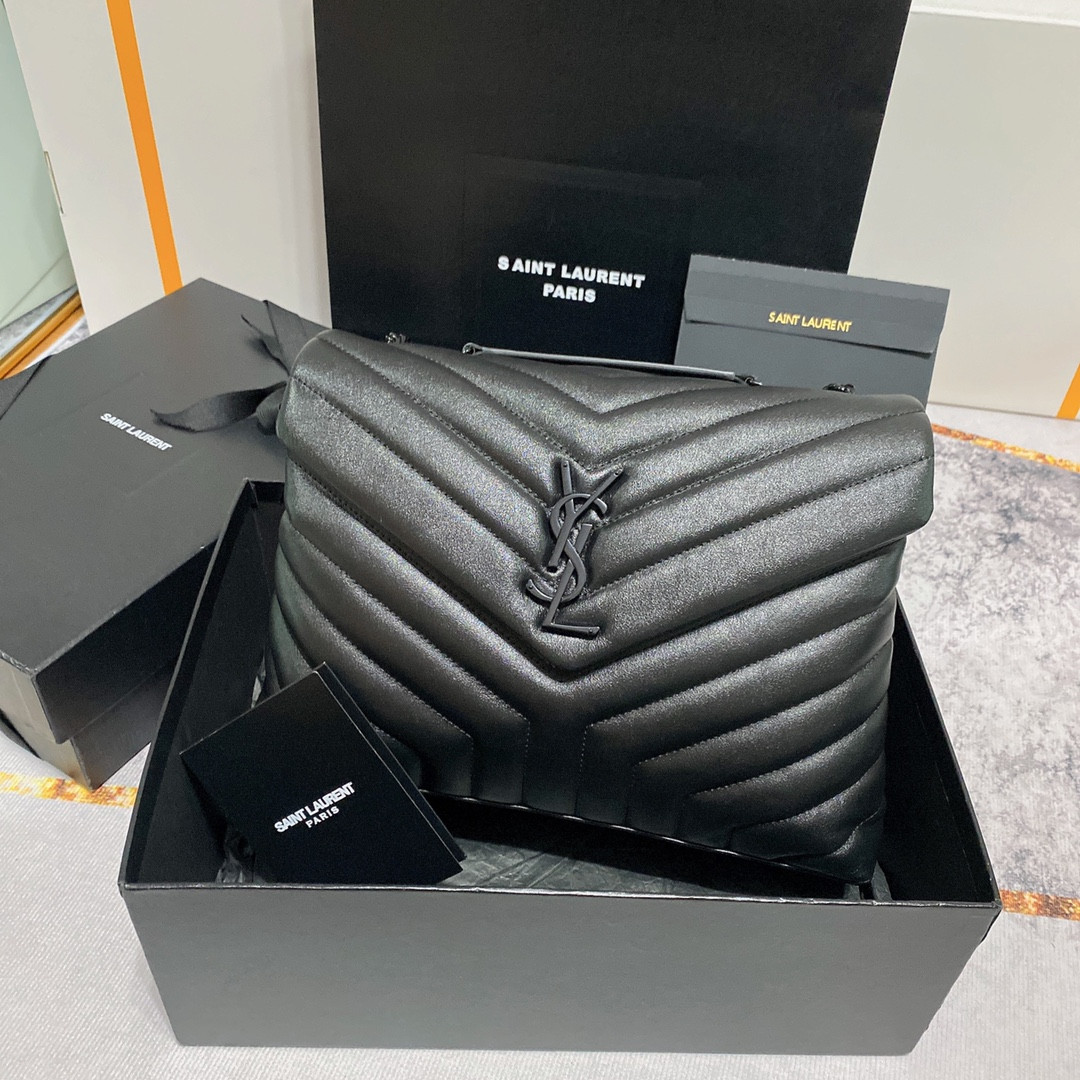 YSL LOULOU MEDIUM IN QUILTED LEATHER ALL BLACK 12.5 X 8.6 X 3.5 INCHES