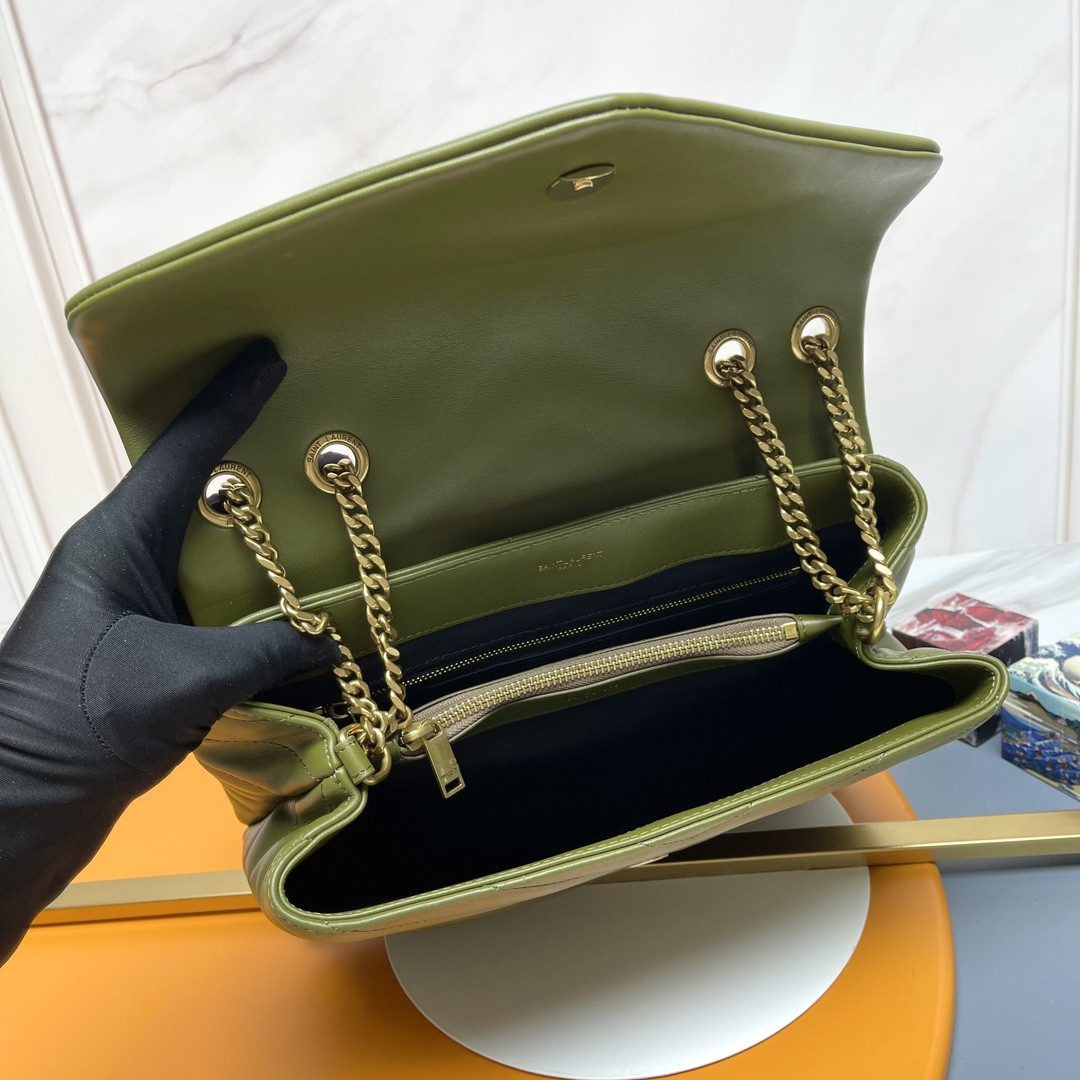 YSL LOULOU MEDIUM IN QUILTED LEATHER DARK GREEN 12.5 X 8.6 X 3.5 INCHES