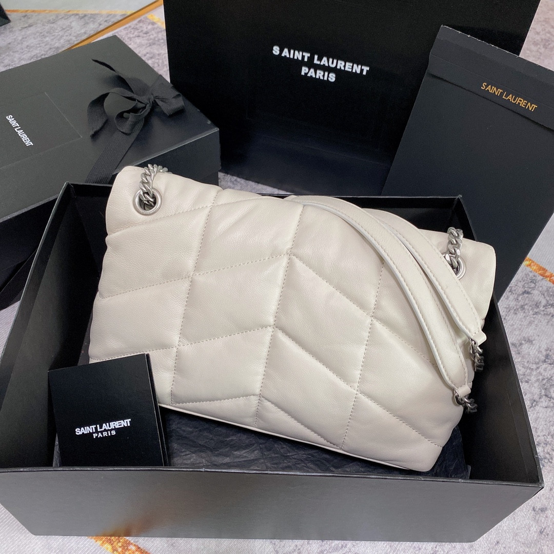 YSL PUFFER SMALL IN NAPPA LEATHER WHITE SILVER 11.4 X 6.6 X 4.3 INCHES