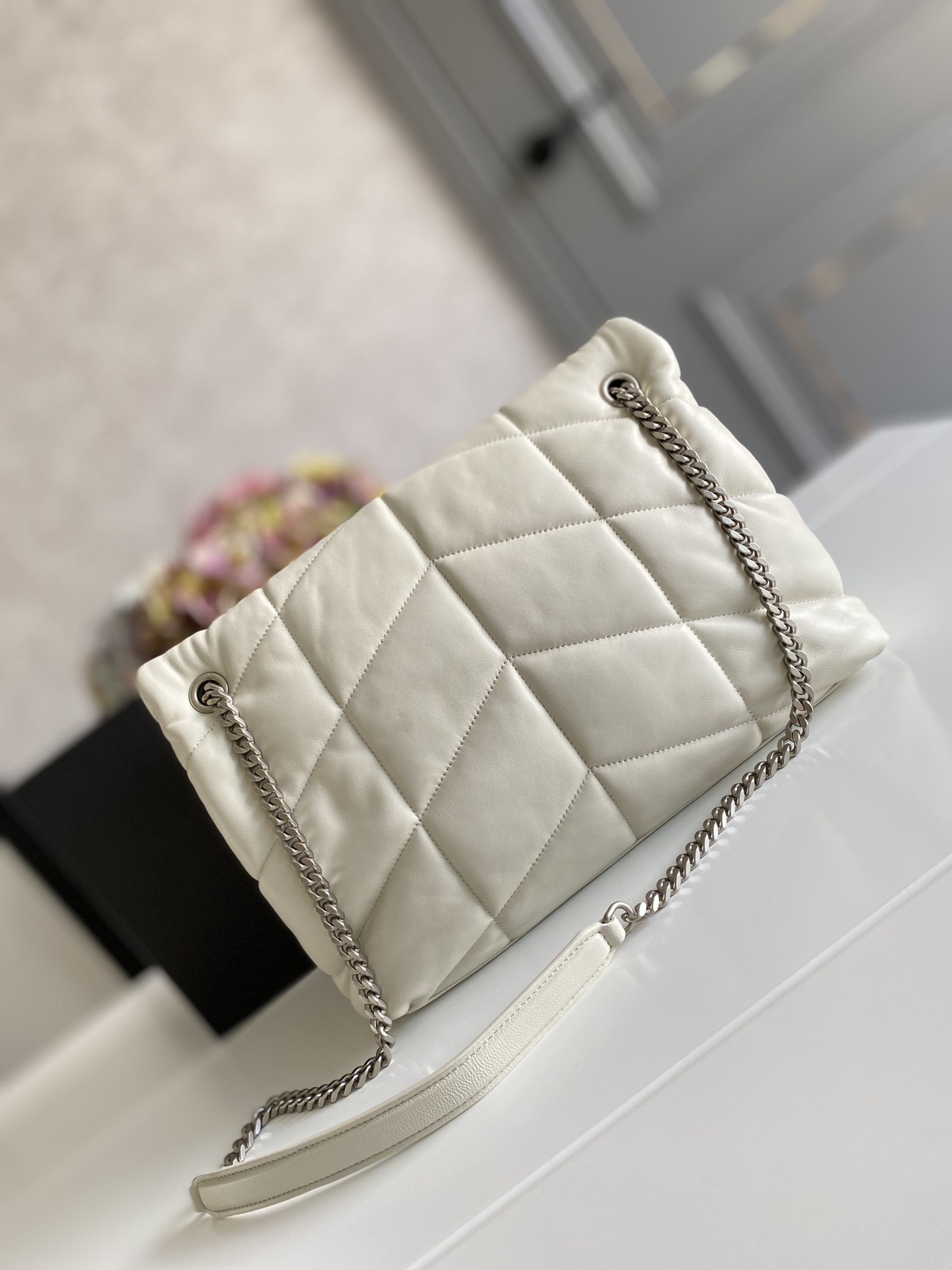 YSL PUFFER MEDIUM IN NAPPA LEATHER WHITE SILVER 13.7 X 9 X 5.3 INCHES