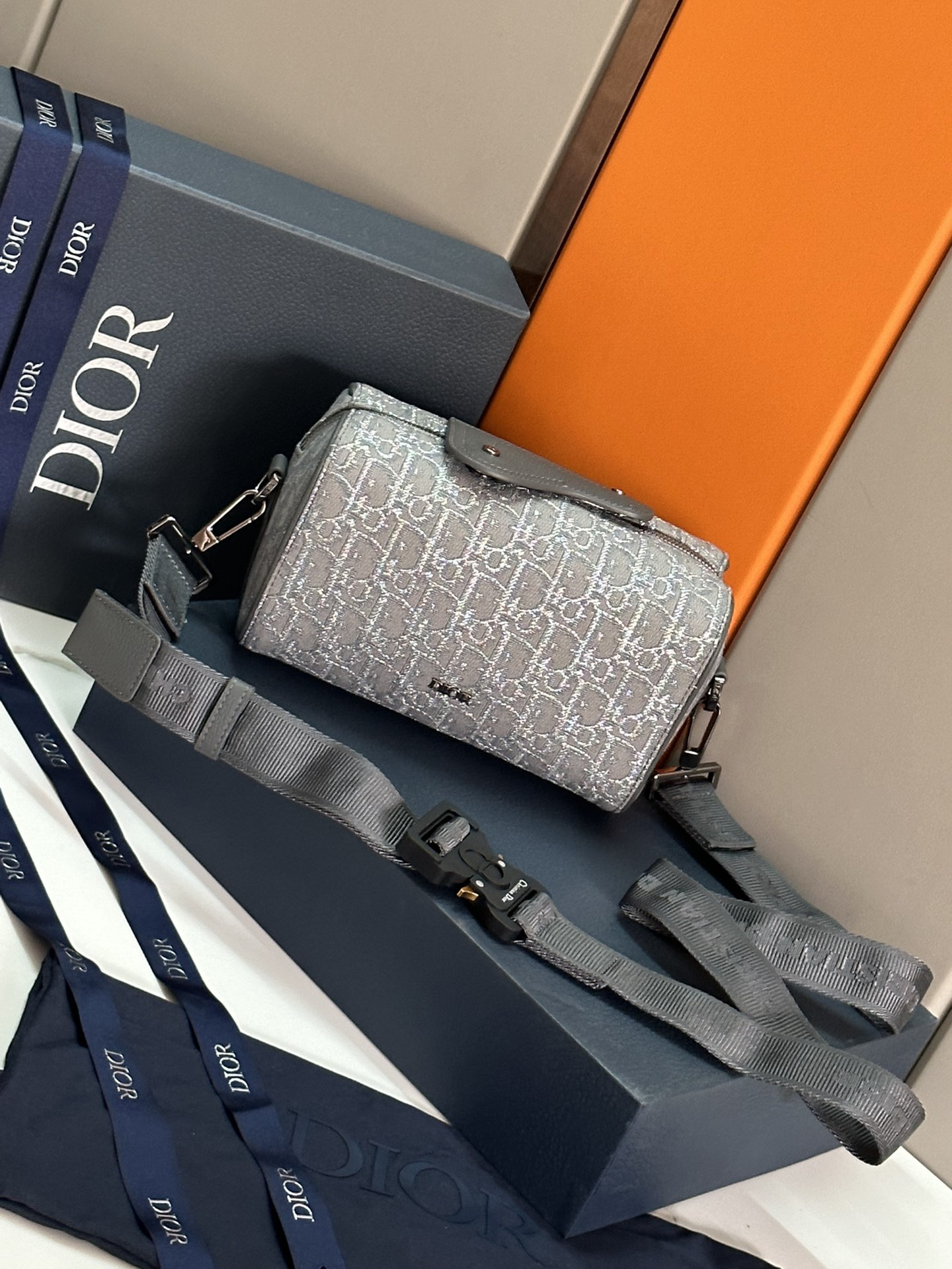 Dior Lingot Toiletry Bag gray white Oblique Mirage Technical Fabric 8.5 x 5 x 4 inches