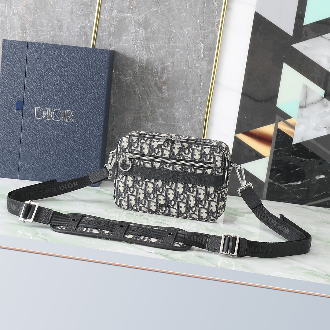 DIOR Safari Bag with Strap  Beige and Black Dior Oblique Jacquard 8.5 x 6 x 2.5 inches