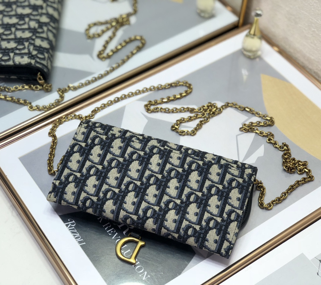 DIOR Saddle Pouch with Chain Blue Dior Oblique Jacquard 8.5 x 5 x 1.5 inches