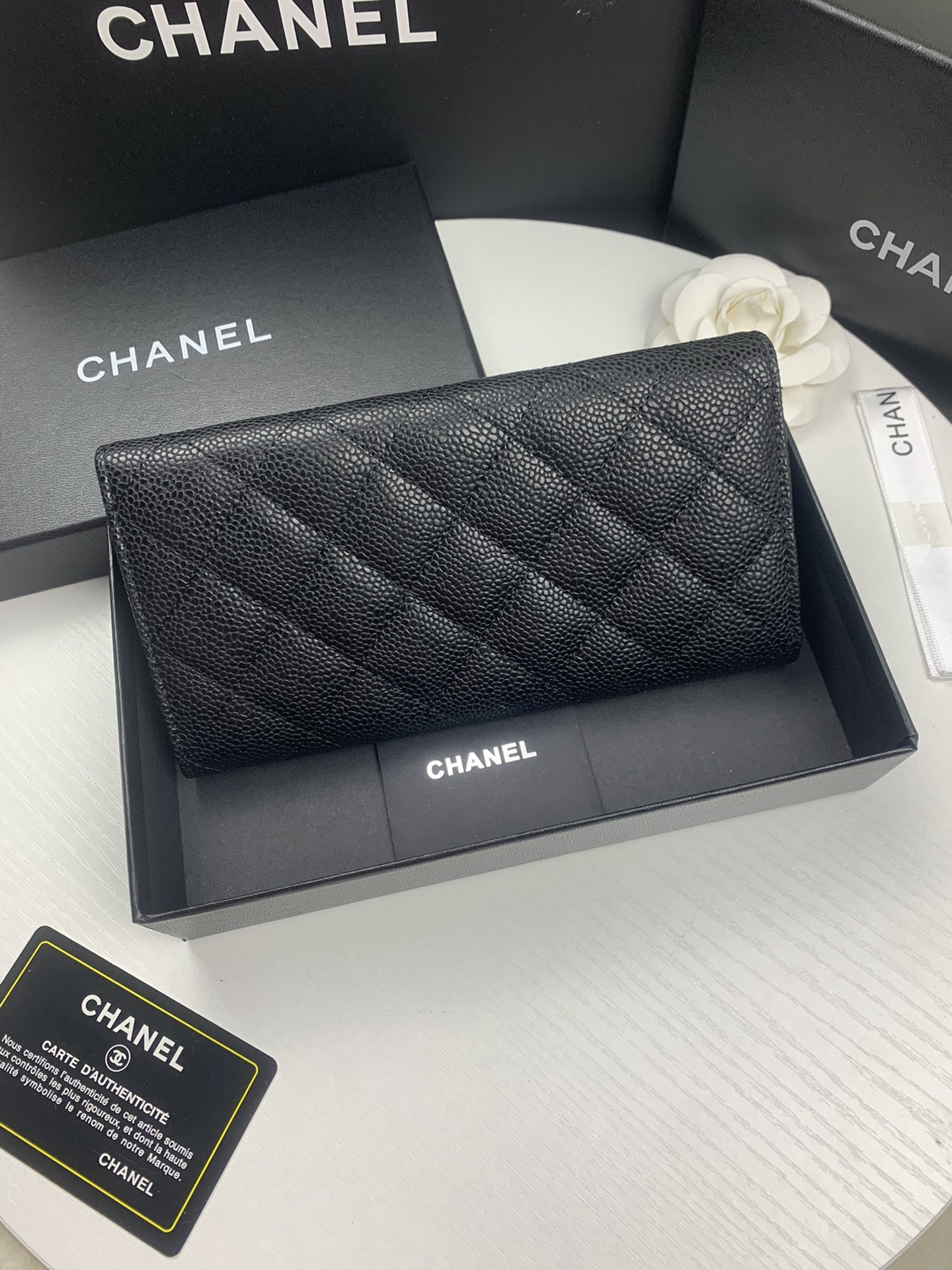 CHANEL FLAP WALLET GRAINED LEATHER BLACK GOLD 19.5 x10 cm