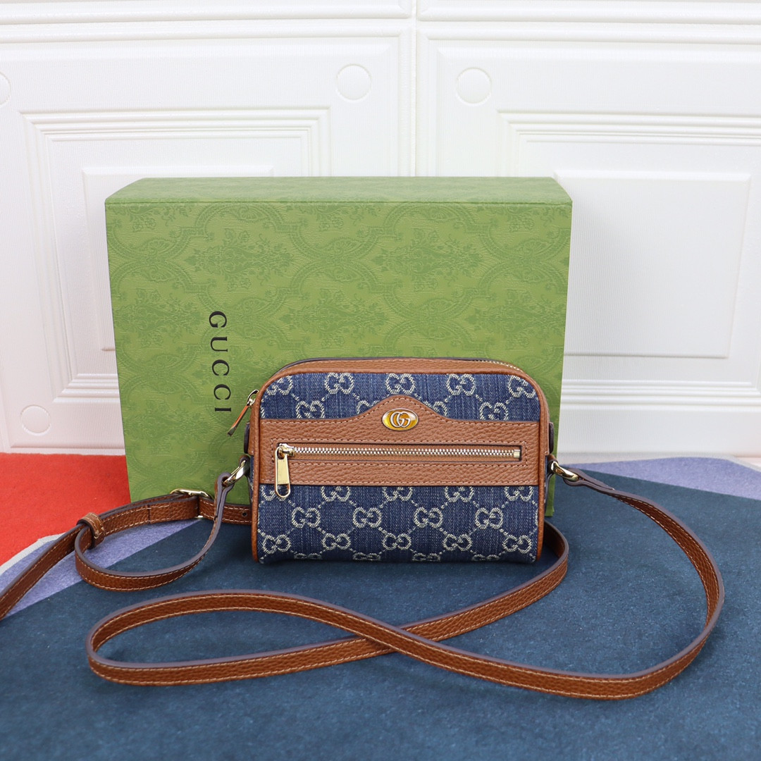 GUCCI OPHIDIA GG MINI TOP HANDLE BAG Denim Blue 6.8 W x 4.7 H x 2.1 D