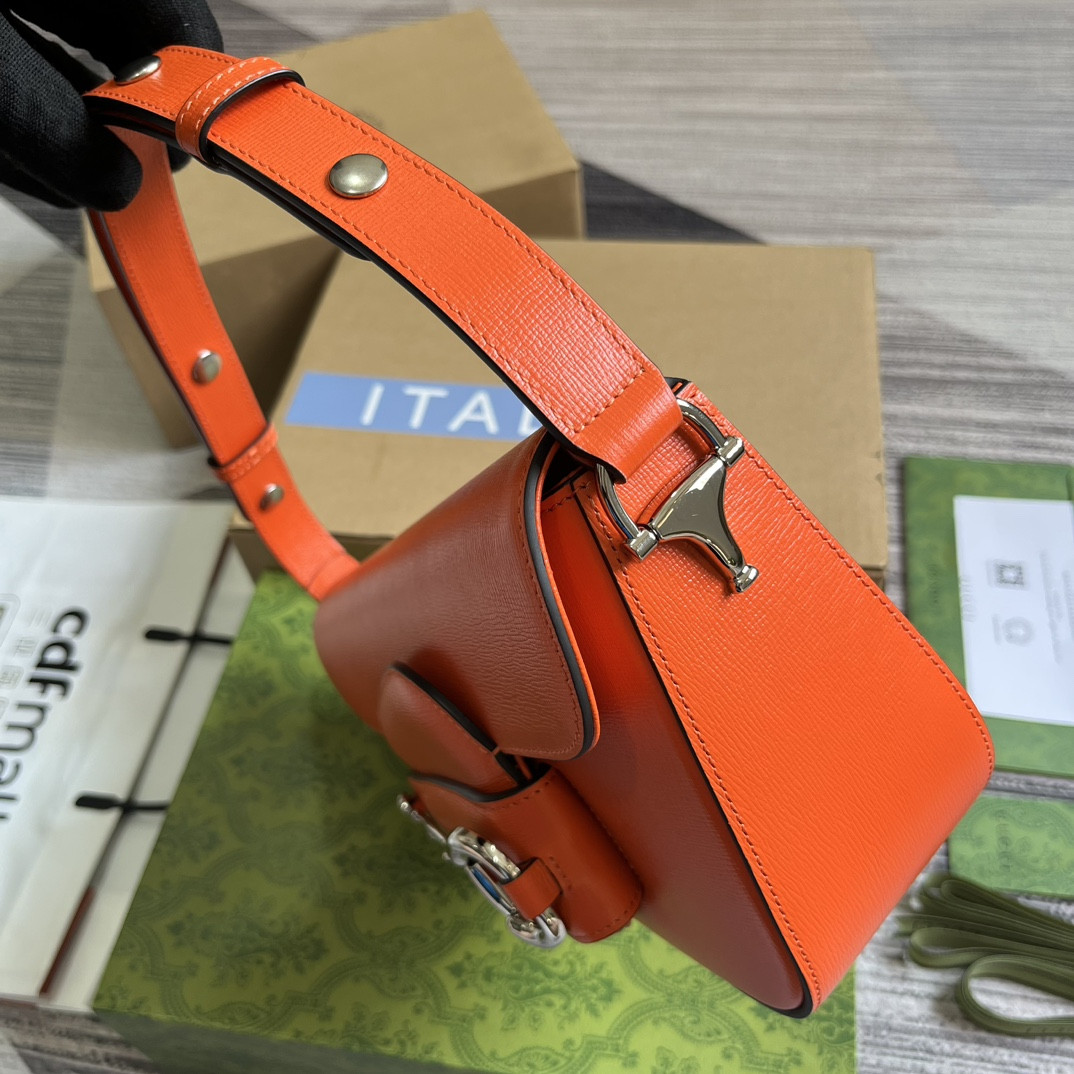 G*u*i horsebit 1955 small shoulder bag orange 10.4"w x 6.7-4.1"h x 3.1-1.6"d