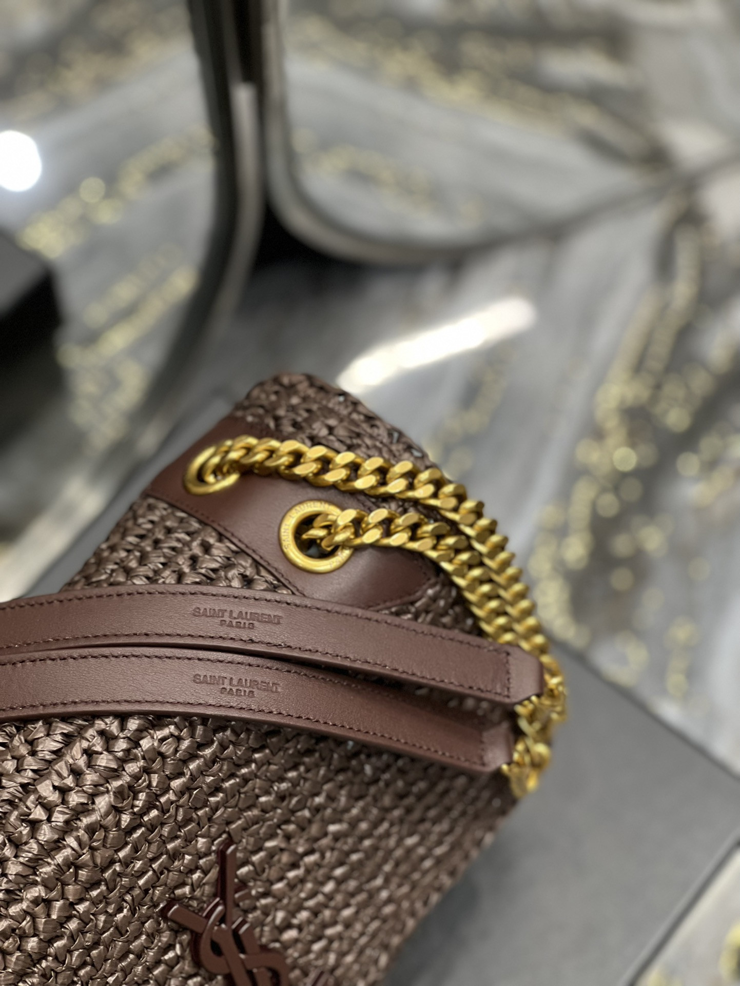 YSL NIKI MEDIUM CHAIN BAG IN RAFFIA AND LEATHER COFFEE 11 X 7.8 X 3.3 INCHES