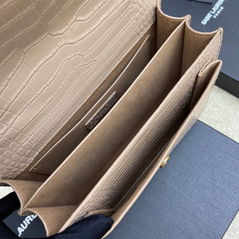 YSL SUNSET MEDIUM IN CROCODILE-EMBOSSED LEATHER DARK BEIGE 8 X 6.2 X 2.5 INCHES