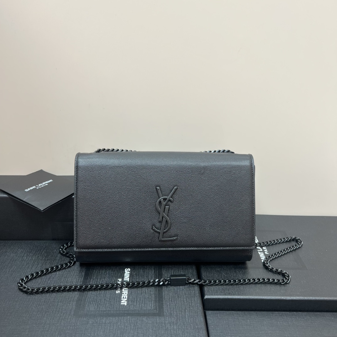 YSL KATE MEDIUM IN GRAIN DE POUDRE EMBOSSED LEATHER ALL BLACK 9.4 X 5.7 X 2.1 INCHES