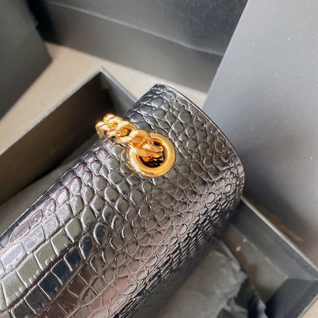 YSL KATE MEDIUM TASSEL IN CROCODILE-EMBOSSED LEATHER BLACK 9.4 X 5.7 X 2.1 INCHES