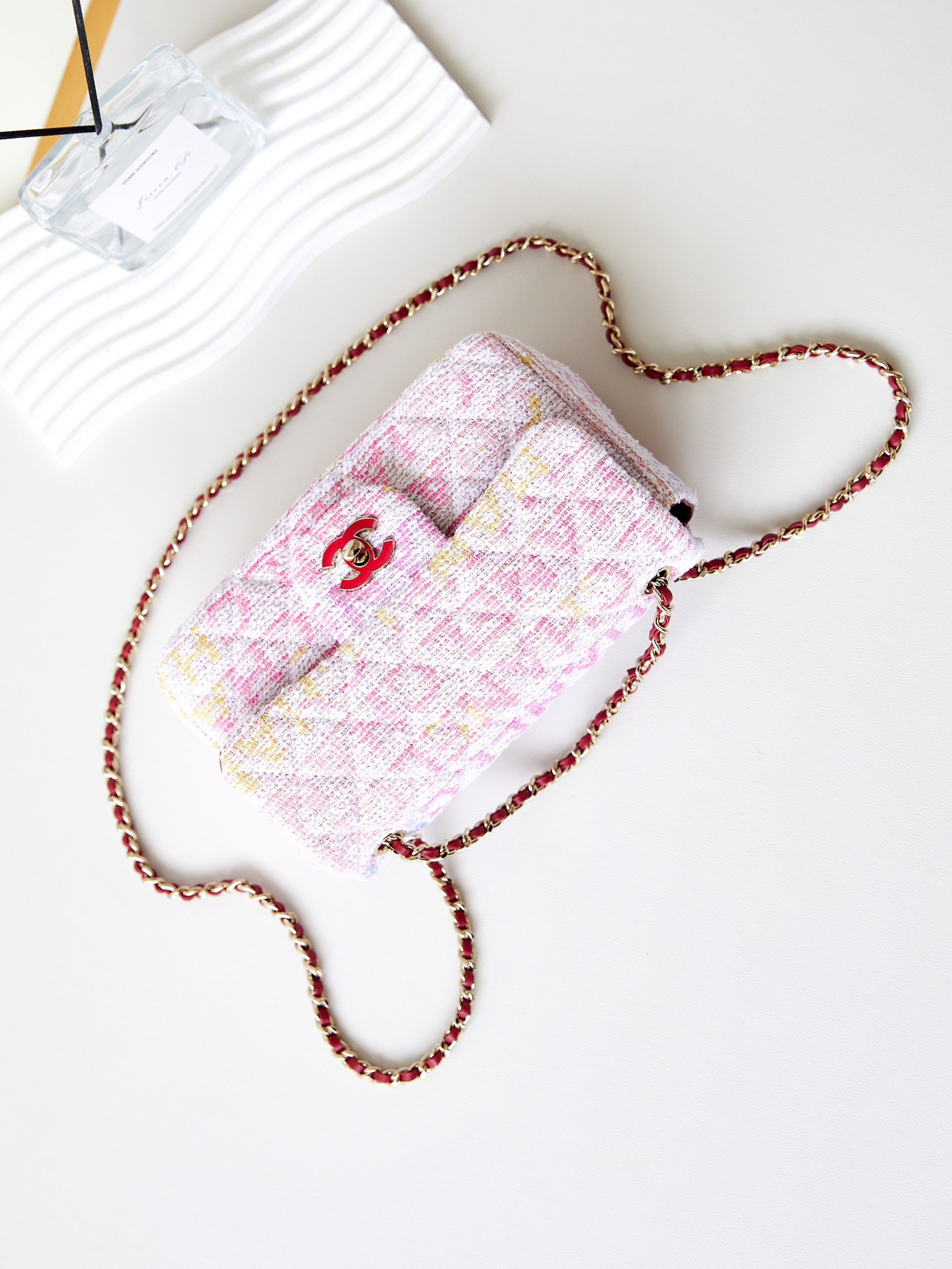 Chanel Quilted Pink Multicolor Tweed Mini Rectangular Flap Bag 20×10×7cm